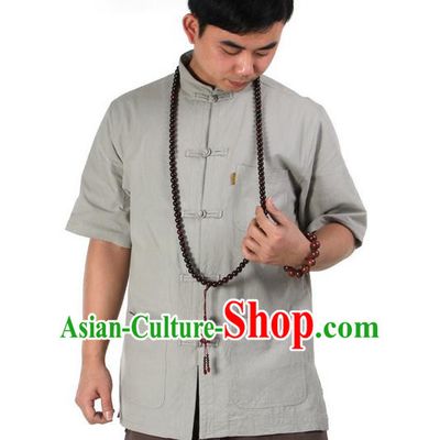 Traditional Chinese Kung Fu Costume Martial Arts Linen Short Sleeve Shirts Pulian Clothing, China Tang Suit T-Shirt Tai Chi Meditation Green Overshirt for Men