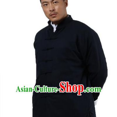 Traditional Chinese Kung Fu Costume Martial Arts Linen Plated Buttons Coat Pulian Clothing, China Tang Suit Jackets Tai Chi Meditation Navy Overcoat Clothing for Men