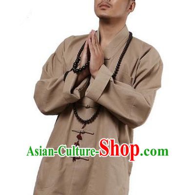 Traditional Chinese Kung Fu Costume Martial Arts Linen Plated Buttons Khaki Suits Pulian Clothing, China Tang Suit Uniforms Tai Chi Monk Meditation Clothing for Men
