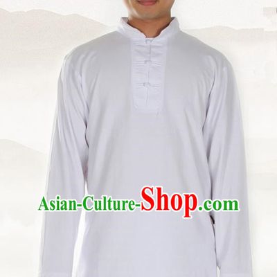 Traditional Chinese Kung Fu Costume Martial Arts Linen Plated Buttons White Shirt Pulian Meditation Clothing, China Tang Suit T-Shirts Tai Chi Clothing for Men