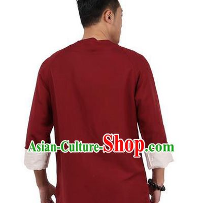 Traditional Chinese Kung Fu Costume Martial Arts Linen Plated Buttons Wine Red Shirts Pulian Clothing, China Tang Suit Jacket Tai Chi Meditation Upper Outer Garment for Men