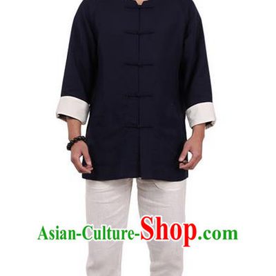 Traditional Chinese Kung Fu Costume Martial Arts Linen Plated Buttons Navy Shirts Pulian Clothing, China Tang Suit Jacket Tai Chi Meditation Upper Outer Garment for Men