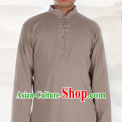 Traditional Chinese Kung Fu Costume Martial Arts Linen Plated Buttons Khaki Shirt Pulian Meditation Clothing, China Tang Suit T-Shirts Tai Chi Clothing for Men