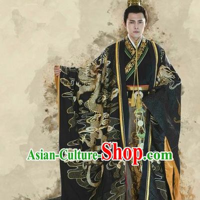 Traditional Chinese Ancient Imperial Emperor Costume and Handmade Headpiece Complete Set, China Qin Dynasty Majesty King Qin Shihuang Clothing for Men