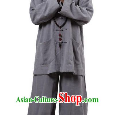 Traditional Chinese Kung Fu Costume Martial Arts Ramie Long Sleeve Light Grey Plated Buttons Uniforms Pulian Clothing, China Tang Suit Tai Chi Meditation Clothing for Men