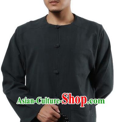 Traditional Chinese Kung Fu Costume Martial Arts Ramie Long Sleeve Shirts Pulian Clothing, China Tang Suit Tai Chi Meditation Atrovirens Overshirts for Men