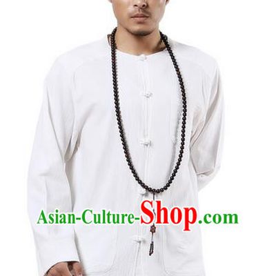 Traditional Chinese Kung Fu Costume Martial Arts Ramie Long Sleeve Shirts Pulian Clothing, China Tang Suit Tai Chi Meditation White Overshirts for Men