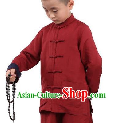 Traditional Chinese Kung Fu Costume, Children Martial Arts Linen Long Sleeve Suits Pulian Clothing, China Tang Suit Tai Chi Meditation Red Uniforms for Kids