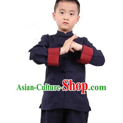 Traditional Chinese Kung Fu Costume, Children Martial Arts Linen Long Sleeve Suits Pulian Clothing, China Tang Suit Tai Chi Meditation Navy Uniforms for Kids