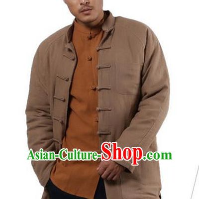 Traditional Chinese Kung Fu Costume Martial Arts Linen Plated Buttons Cotton-padded Coats Pulian Clothing, China Tang Suit Khaki Jacket Tai Chi Meditation Upper Outer Garment for Men