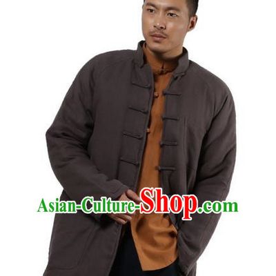 Traditional Chinese Kung Fu Costume Martial Arts Linen Plated Buttons Cotton-padded Coats Pulian Clothing, China Tang Suit Grey Jacket Tai Chi Meditation Upper Outer Garment for Men