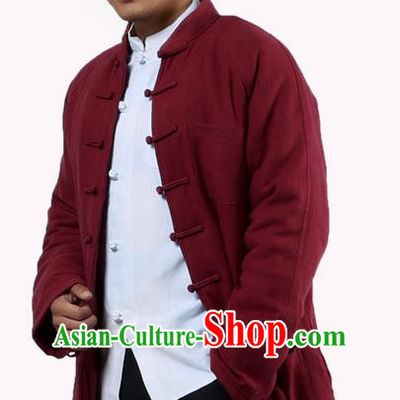 Traditional Chinese Kung Fu Costume Martial Arts Linen Plated Buttons Cotton-padded Coats Pulian Clothing, China Tang Suit Red Jacket Tai Chi Meditation Upper Outer Garment for Men