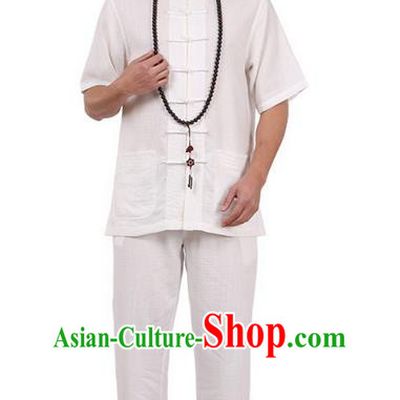 Traditional Chinese Kung Fu Costume Martial Arts Linen Plated Buttons Short Sleeve White Uniforms Pulian Clothing, China Tang Suit Tai Chi Meditation Clothing for Men