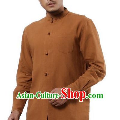 Traditional Chinese Kung Fu Costume Martial Arts Linen Plated Buttons Shirts Pulian Clothing, China Tang Suit Tai Chi Stand Collar Overshirt Khaki Upper Outer Garment for Men