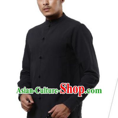 Traditional Chinese Kung Fu Costume Martial Arts Linen Plated Buttons Shirts Pulian Clothing, China Tang Suit Tai Chi Stand Collar Overshirt Deep Grey Upper Outer Garment for Men