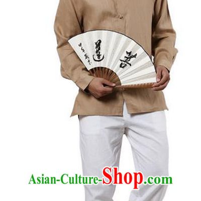 Traditional Chinese Kung Fu Costume Martial Arts Linen Stand Collar Shirts Pulian Clothing, China Tang Suit Tai Chi Overshirt Khaki Upper Outer Garment for Men