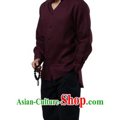 Traditional Chinese Kung Fu Costume Martial Arts Linen Stand Collar Shirts Pulian Clothing, China Tang Suit Tai Chi Overshirt Saffron Upper Outer Garment for Men