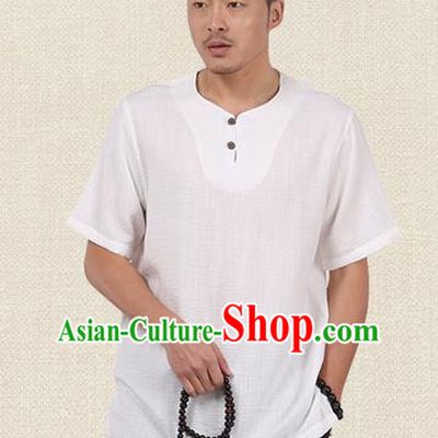 Traditional Chinese Kung Fu Costume Martial Arts Linen Short Sleeve T-Shirts Pulian Clothing, China Tang Suit Tai Chi Overshirt White Upper Outer Garment for Men