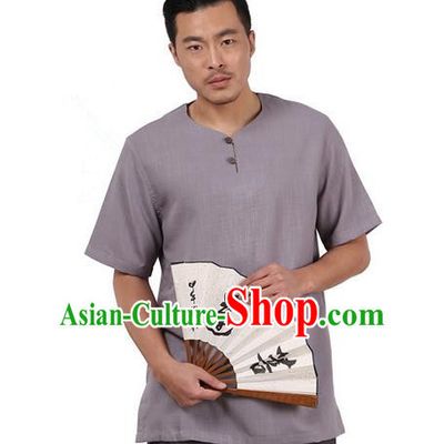 Traditional Chinese Kung Fu Costume Martial Arts Linen Short Sleeve T-Shirts Pulian Clothing, China Tang Suit Tai Chi Overshirt Grey Upper Outer Garment for Men