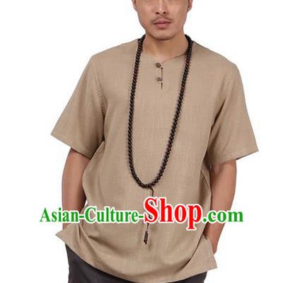 Traditional Chinese Kung Fu Costume Martial Arts Linen Short Sleeve T-Shirts Pulian Clothing, China Tang Suit Tai Chi Overshirt Khaki Upper Outer Garment for Men