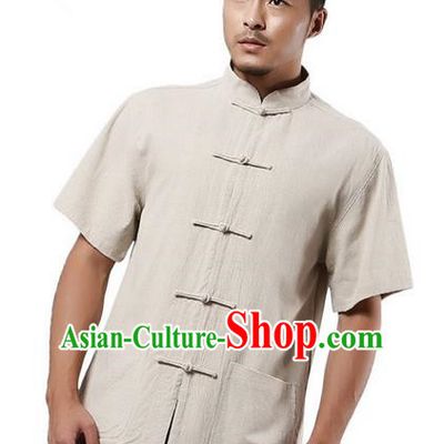 Traditional Chinese Kung Fu Costume Martial Arts Linen Short Sleeve Shirts Pulian Clothing, China Tang Suit Tai Chi Upper Outer Garment Beige Overshirt for Men