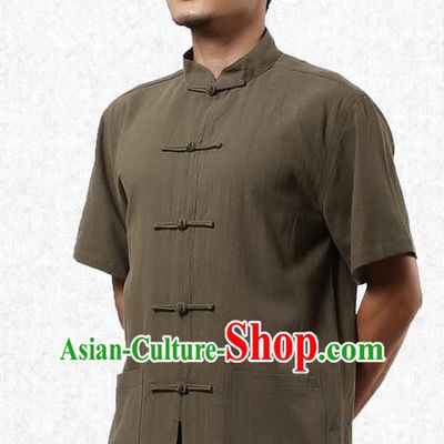 Traditional Chinese Kung Fu Costume Martial Arts Linen Short Sleeve Shirts Pulian Clothing, China Tang Suit Tai Chi Upper Outer Garment Army Green Overshirt for Men