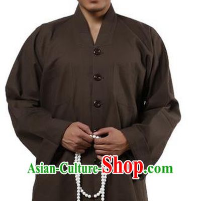 Traditional Chinese Kung Fu Costume Martial Arts Linen Long Sleeve Brown Monk Uniforms Pulian Clothing, China Tang Suit Tai Chi Meditation Clothing for Men