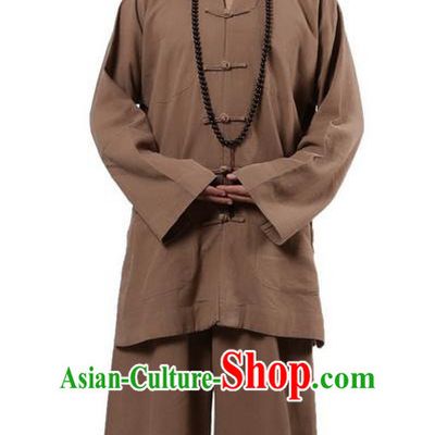 Traditional Chinese Kung Fu Costume Martial Arts Ramie Long Sleeve Khaki Plated Buttons Uniforms Pulian Clothing, China Tang Suit Tai Chi Meditation Clothing for Men
