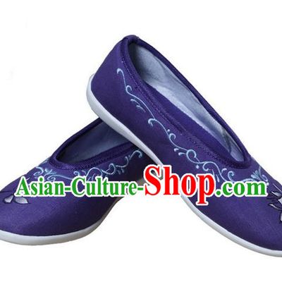 Top Chinese Traditional Tai Chi Embroidered Lotus Linen Shoes Kung Fu Pulian Shoes Martial Arts Purple Shoes for Women