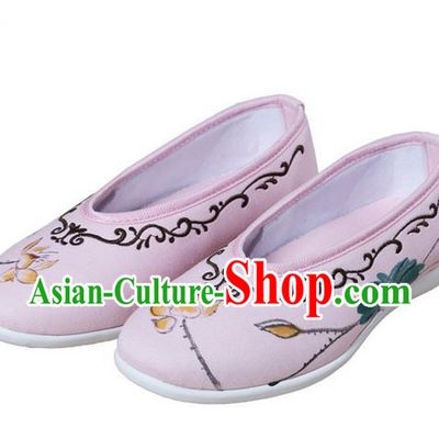 Top Chinese Traditional Tai Chi Embroidered Lotus Linen Shoes Kung Fu Pulian Shoes Martial Arts Pink Shoes for Women