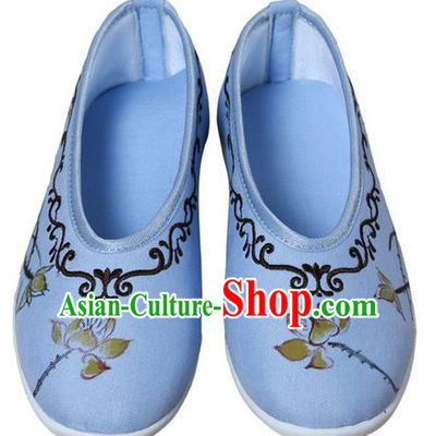 Top Chinese Traditional Tai Chi Embroidered Lotus Linen Shoes Kung Fu Pulian Shoes Martial Arts Blue Shoes for Women