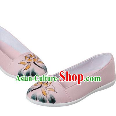 Top Chinese Traditional Tai Chi Hand Painting Lotus Linen Shoes Kung Fu Pulian Shoes Martial Arts Pink Shoes for Women