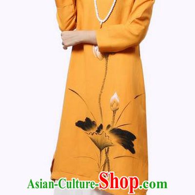 Top Chinese Traditional Costume Tang Suit Yellow Painting Lotus Qipao Dress, Pulian Clothing China Cheongsam Upper Outer Garment Stand Collar Dress for Women