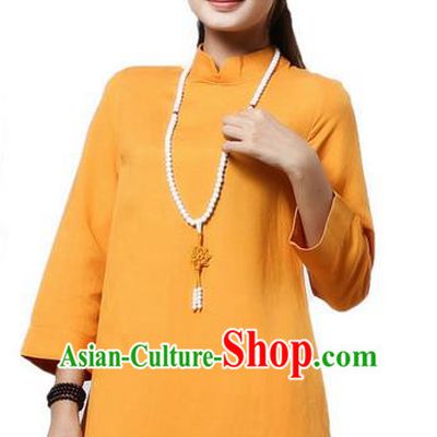 Top Chinese Traditional Costume Tang Suit Yellow Qipao Dress, Pulian Clothing China Cheongsam Upper Outer Garment Stand Collar Dress for Women