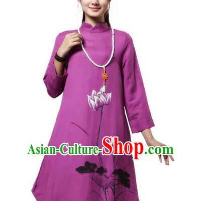 Top Chinese Traditional Costume Tang Suit Purple Painting Lotus Qipao Dress, Pulian Clothing China Cheongsam Upper Outer Garment Stand Collar Dress for Women