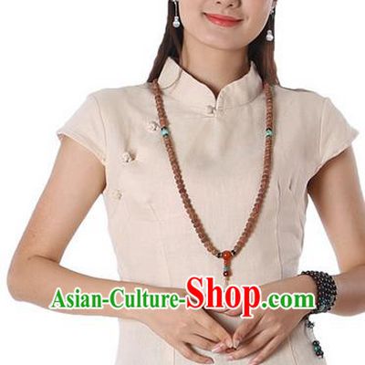 Top Chinese Traditional Costume Tang Suit Beige Blouse, Pulian Zen Clothing China Cheongsam Upper Outer Garment Stand Collar Shirts for Women