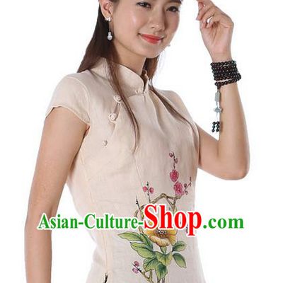 Top Chinese Traditional Costume Tang Suit Beige Painting Trumpet Flowers Blouse, Pulian Zen Clothing China Cheongsam Upper Outer Garment Stand Collar Shirts for Women