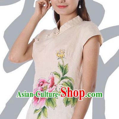 Top Chinese Traditional Costume Tang Suit Beige Painting Peony Flowers Blouse, Pulian Zen Clothing China Cheongsam Upper Outer Garment Stand Collar Shirts for Women