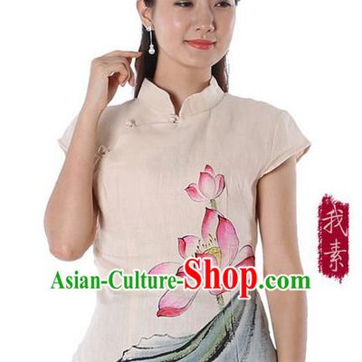 Top Chinese Traditional Costume Tang Suit Beige Painting Lotus Flowers Blouse, Pulian Zen Clothing China Cheongsam Upper Outer Garment Stand Collar Shirts for Women
