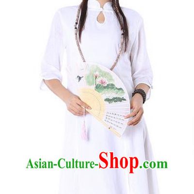 Top Chinese Traditional Costume Tang Suit Linen White Qipao Dress, Pulian Clothing China Cheongsam Upper Outer Garment Dress for Women