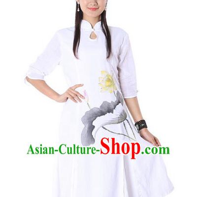 Top Chinese Traditional Costume Tang Suit Linen White Painting Lotus Qipao Dress, Pulian Clothing China Cheongsam Upper Outer Garment Dress for Women