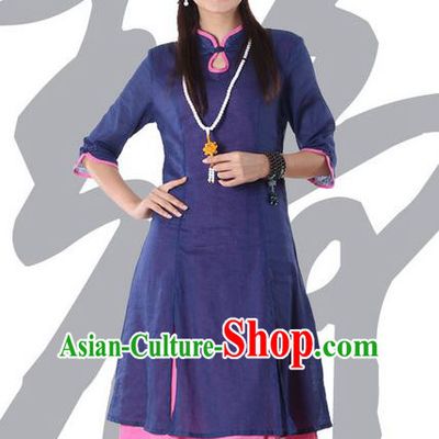 Top Chinese Traditional Costume Tang Suit Linen Navy Qipao Dress, Pulian Clothing China Cheongsam Upper Outer Garment Dress for Women