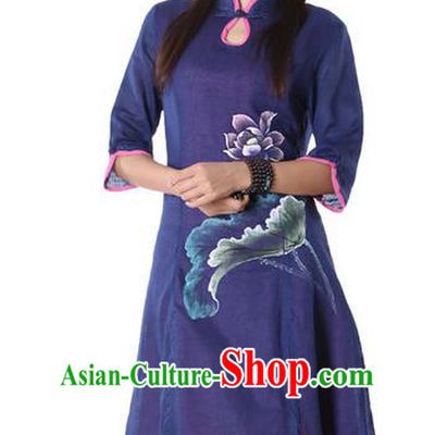 Top Chinese Traditional Costume Tang Suit Linen Navy Painting Lotus Qipao Dress, Pulian Clothing China Cheongsam Upper Outer Garment Dress for Women