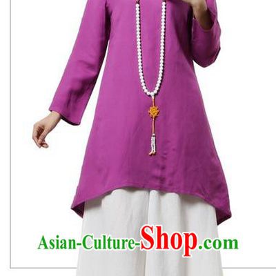 Top Chinese Traditional Costume Tang Suit Linen Qipao Dress, Pulian Clothing China Republic of China Cheongsam Upper Outer Garment Purple Dress for Women