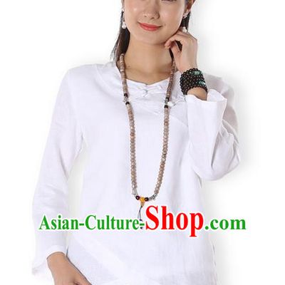 Top Chinese Traditional Costume Tang Suit White Blouse, Pulian Zen Clothing China Cheongsam Upper Outer Garment Plated Buttons Shirts for Women