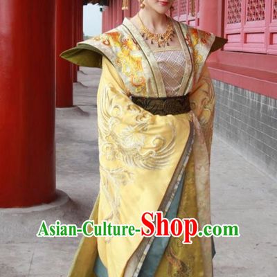 Traditional Chinese Ancient Senior Concubine Costume and Headpiece Complete Set, Chinese Tang Dynasty Palace Imperial Empress Embroidered Hanfu Tailing Clothing for Women
