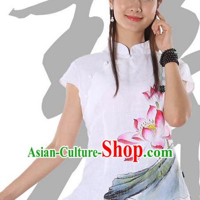 Top Chinese Traditional Costume Tang Suit White Linen Painting Lotus Blouse, Pulian Zen Clothing China Cheongsam Upper Outer Garment Stand Collar Shirts for Women
