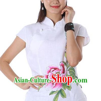 Top Chinese Traditional Costume Tang Suit White Linen Painting Peony Flower Blouse, Pulian Zen Clothing China Cheongsam Upper Outer Garment Stand Collar Shirts for Women