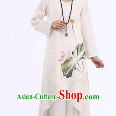 Top Chinese Traditional Costume Tang Suit White Linen Painting Lotus Qipao Dress, Pulian Meditation Clothing China Cheongsam Upper Outer Garment Dress for Women