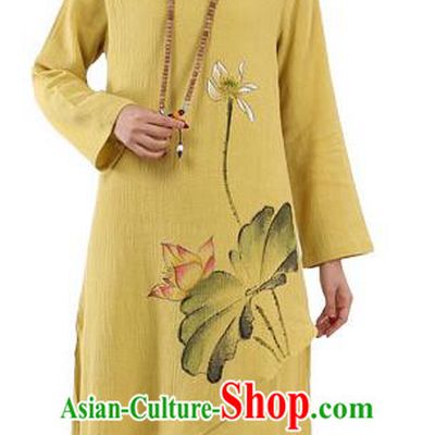 Top Chinese Traditional Costume Tang Suit Yellow Linen Painting Lotus Qipao Dress, Pulian Meditation Clothing China Cheongsam Upper Outer Garment Dress for Women